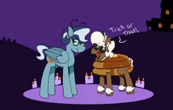 Size: 1100x700 | Tagged: safe, artist:stemthebug, derpibooru import, oc, oc:moth wing, oc:stem bedstraw, hybrid, insect, moth, mothpony, original species, pegasus, pony, clothes, costume, food, halloween, halloween costume, holiday, image, pancakes, png