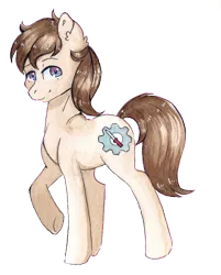 Size: 2715x3378 | Tagged: safe, artist:lightisanasshole, derpibooru import, oc, oc:fang, unofficial characters only, earth pony, pony, derpibooru community collaboration, 2021 community collab, brown mane, ear fluff, earth pony oc, image, looking at you, male, one hoof raised, png, purple eyes, raised hoof, simple background, smiling, solo, stallion, traditional art, transparent background, underhoof