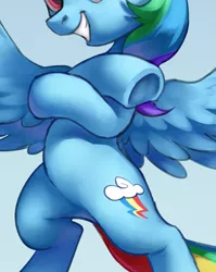 Size: 747x940 | Tagged: safe, artist:luciferamon, derpibooru import, edit, rainbow dash, pegasus, pony, backwards cutie mark, belly, bipedal, cropped, crossed hooves, featureless crotch, frog (hoof), grin, image, jpeg, pictures of bellies, smiling, solo, underhoof