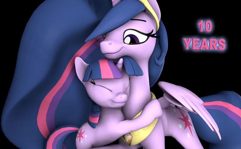 Size: 1280x794 | Tagged: safe, artist:pika-robo, derpibooru import, princess twilight 2.0, twilight sparkle, twilight sparkle (alicorn), alicorn, pony, unicorn, the last problem, 3d, book, crown, cute, female, filly, filly twilight sparkle, happy birthday mlp:fim, hug, image, jewelry, jpeg, mlp fim's tenth anniversary, older, older twilight, peytral, regalia, self ponidox, smiling, source filmmaker, sunset, unicorn twilight, younger