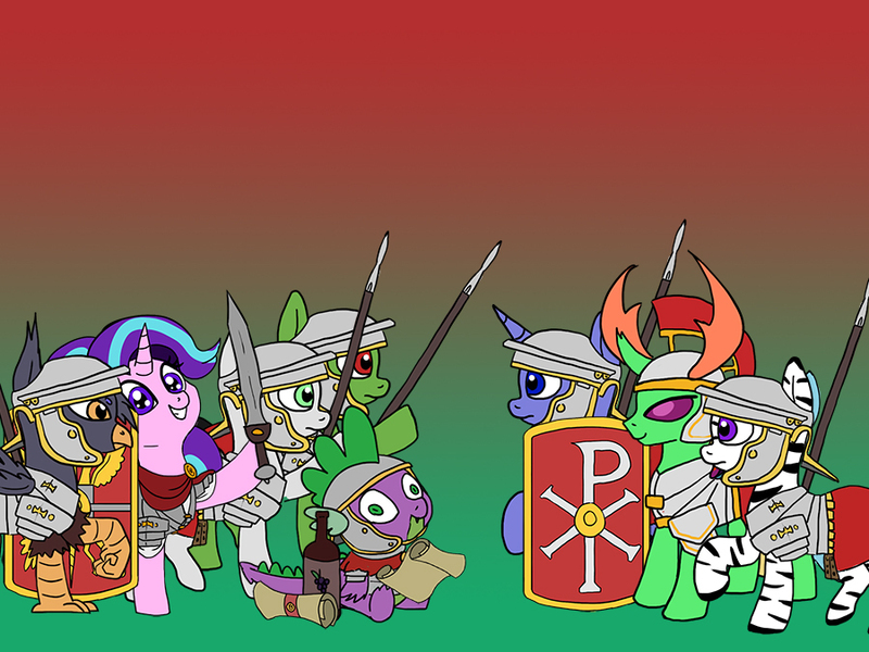 Size: 900x675 | Tagged: safe, artist:slamjam, derpibooru import, spike, starlight glimmer, thorax, changedling, changeling, earth pony, gryphon, pegasus, pony, unicorn, zebra, alcohol, armor, byzantine empire, chi rho, constantine, constantine the great, historical roleplay starlight, image, jpeg, king thorax, legionary, roman empire, shield, spear, sword, weapon, wine