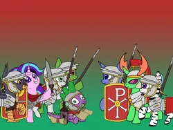 Size: 900x675 | Tagged: safe, artist:slamjam, derpibooru import, spike, starlight glimmer, thorax, changedling, changeling, earth pony, gryphon, pegasus, pony, unicorn, zebra, alcohol, armor, byzantine empire, chi rho, constantine, constantine the great, historical roleplay starlight, image, jpeg, king thorax, legionary, roman empire, shield, spear, sword, weapon, wine