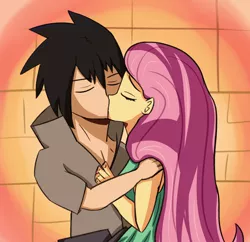 Size: 2080x2017 | Tagged: safe, artist:artiks, derpibooru import, fluttershy, human, equestria girls, crack shipping, crossover, crossover shipping, eyes closed, female, holiday, image, kissing, male, png, shipping, straight, uchiha sasuke, valentine's day