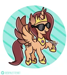 Size: 1200x1351 | Tagged: safe, artist:redpalette, derpibooru import, oc, alicorn, alicorn oc, crown, flying, horn, image, jewelry, png, regalia, smiling, sunglasses, swag, wings