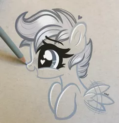 Size: 2193x2260 | Tagged: safe, artist:emberslament, derpibooru import, scootaloo, pegasus, pony, boop, colored pencil drawing, colored pencils, cute, cutealoo, female, filly, happy, heart eyes, image, monochrome, open mouth, pencil boop, photo, png, traditional art, wingding eyes