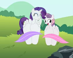 Size: 1000x800 | Tagged: suggestive, artist:anthonygoody, derpibooru import, rarity, sweetie belle, anthro, human, plantigrade anthro, barefoot, feather, feet, fetish, foot fetish, humanized, image, png, soles, tickling, toes