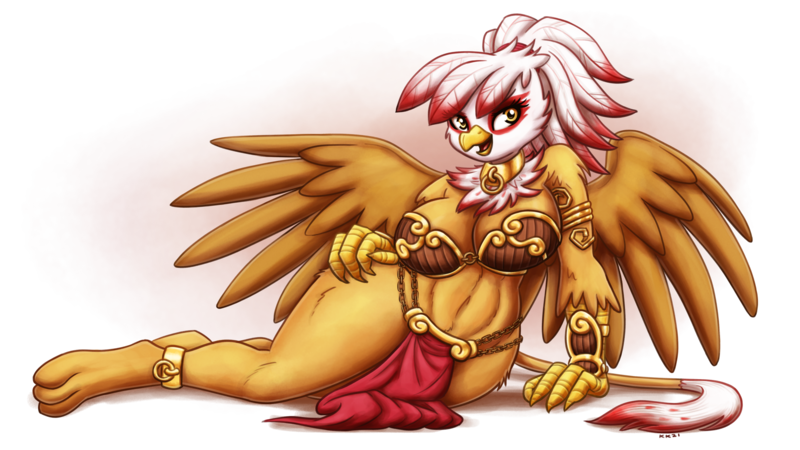 Size: 2925x1645 | Tagged: suggestive, artist:king-kakapo, derpibooru import, oc, oc:talisa pierce, unofficial characters only, anthro, digitigrade anthro, gryphon, ankle cuffs, armlet, belly button, big breasts, breasts, cheek fluff, cleavage, clothes, collar, commission, cuffs, female, griffon oc, hair tie, hand on hip, image, jewelry, loincloth, looking at you, not gilda, open mouth, png, shoulder fluff, simple background, slave leia outfit, solo, solo female, spread wings, tail, thighs, thunder thighs, transparent background, wings