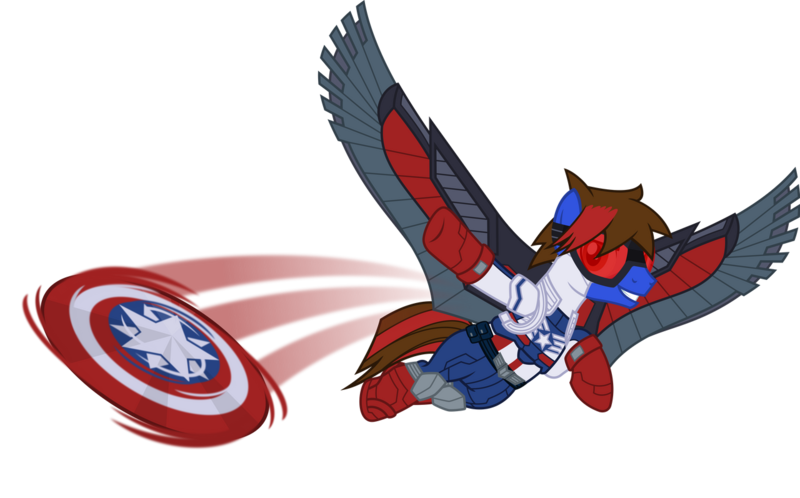 Size: 1280x797 | Tagged: safe, artist:mlp-trailgrazer, derpibooru import, oc, oc:jordan, pegasus, pony, captain america, clothes, cosplay, costume, falcon (marvel comics), image, male, png, shield, simple background, solo, stallion, transparent background