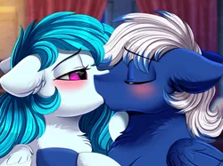 Size: 2379x1783 | Tagged: safe, artist:pridark, derpibooru import, oc, unofficial characters only, pegasus, pony, blushing, chest fluff, clothes, couple, cute, duo, eyes closed, image, kissing, looking at each other, oc x oc, ocbetes, one eye closed, png, raffle winner, red eyes, scarf, shipping, smiling