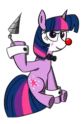 Size: 800x1200 | Tagged: safe, artist:twi clown, derpibooru import, oc, oc:twi clown, unofficial characters only, pony, unicorn, derpibooru community collaboration, 2021 community collab, author avatar, bowtie, clone, clone oc, clown, clown nose, cuffs, derpibooru exclusive, drill, female, image, mare, png, simple background, solo, transparent background