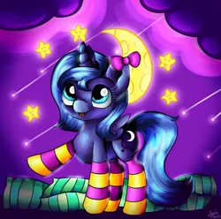 Size: 1280x1268 | Tagged: safe, artist:appleneedle, derpibooru import, princess luna, alicorn, pony, art, character, clothes, cloud, cute, cutie mark, dark, digital, draw, drawing, dream, evening, fanart, female, filly, horn, image, jpeg, lunabetes, moon, night, paint, painting, patreon, patreon reward, pillow, reward, shooting star, small, smiling, socks, solo, stars, striped socks, wings, woona, younger