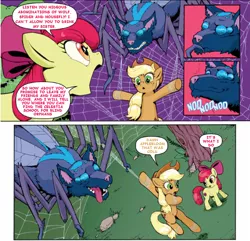 Size: 1084x1046 | Tagged: safe, derpibooru import, edit, idw, apple bloom, applejack, earth pony, fly, fly-der, hybrid, insect, pony, spider, wolf, wolf fly-der, spoiler:comic, spoiler:comic85, comic, female, image, mare, nodding, png, text edit