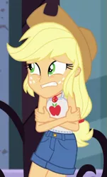 Size: 361x598 | Tagged: safe, derpibooru import, screencap, applejack, equestria girls, equestria girls series, street chic, spoiler:eqg series (season 2), applejack's hat, clothes, cold, cowboy hat, cropped, geode of super strength, hat, image, magical geodes, png, sleeveless, solo, tanktop