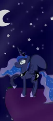 Size: 1080x2460 | Tagged: safe, artist:crossovercartoons, derpibooru import, princess luna, alicorn, pony, dark background, image, looking up, luna day, moon, mountain top, night, png, princess, smiling, solo, stars