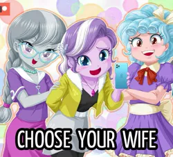 Size: 713x645 | Tagged: safe, artist:uotapo, derpibooru import, edit, cozy glow, diamond tiara, silver spoon, equestria girls, choose your wife, image, implied pedophile, jpeg, looking at you, phone, this will end in jail time