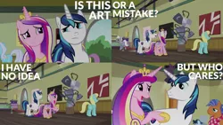 Size: 1986x1117 | Tagged: safe, derpibooru import, edit, edited screencap, editor:quoterific, screencap, linky, princess cadance, royal riff, sassaflash, shining armor, shoeshine, spearhead, alicorn, earth pony, pegasus, pony, unicorn, a flurry of emotions, a thousand nights in a hallway, art or a mistake, background pony, butt, crown, duo, female, i have no idea, image, jewelry, male, mare, meme, open mouth, png, regalia, shield, stallion