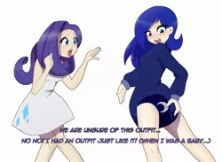 Size: 2462x1801 | Tagged: suggestive, artist:geotastic, derpibooru import, princess luna, rarity, human, abdl, breasts, clothes, cutie mark, cutie mark on clothes, diaper, diaper fetish, female, fetish, humanized, image, jpeg, non-baby in diaper, onesie, poofy diaper