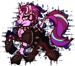 Size: 1086x965 | Tagged: safe, artist:oriando, derpibooru import, starlight glimmer, classical unicorn, unicorn, alternate hairstyle, bracelet, choker, clothes, cloven hooves, edgelight glimmer, fishnets, gameloft, gameloft interpretation, image, leonine tail, piercing, png, punk, shoes, simple background, solo, spiked choker, spiked wristband, transparent background, unshorn fetlocks, wristband