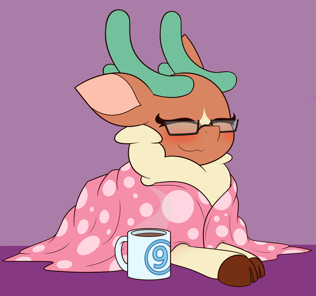 Size: 4000x3756 | Tagged: safe, artist:mrneo, derpibooru import, cashmere (tfh), deer, reindeer, them's fightin' herds, blanket, chocolate, cloven hooves, community related, eyes closed, food, glasses, hot chocolate, image, mug, png, solo, touhou