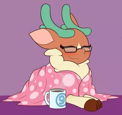 Size: 4000x3756 | Tagged: safe, artist:mrneo, derpibooru import, cashmere (tfh), deer, reindeer, them's fightin' herds, blanket, chocolate, cloven hooves, community related, eyes closed, food, glasses, hot chocolate, image, mug, png, solo, touhou