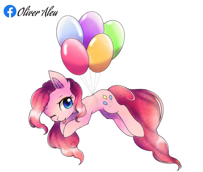 Size: 1816x1540 | Tagged: safe, artist:aleuoliver, derpibooru import, pinkie pie, earth pony, pony, :p, balloon, cute, diapinkes, ear fluff, eyelashes, female, floating, flying, image, jpeg, mare, one eye closed, simple background, solo, then watch her balloons lift her up to the sky, tongue out, white background, wink