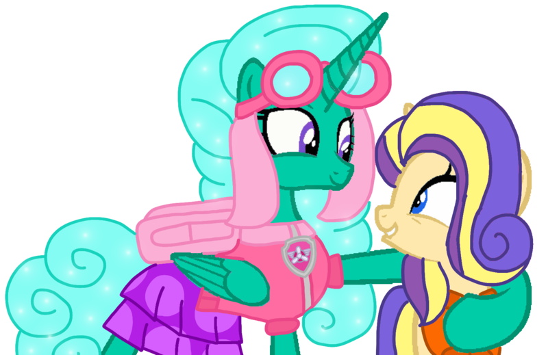 Size: 1612x1046 | Tagged: safe, artist:徐詩珮, derpibooru import, glitter drops, oc, oc:peppermint apple, alicorn, pony, bubbleverse, series:sprglitemplight diary, series:sprglitemplight life jacket days, series:springshadowdrops diary, series:springshadowdrops life jacket days, alicornified, alternate universe, base used, clothes, cute, glittercorn, image, lifejacket, magical lesbian spawn, offspring, older, older glitter drops, parent:applejack, parent:rarity, parents:rarijack, paw patrol, png, race swap, simple background, skye (paw patrol), transparent background