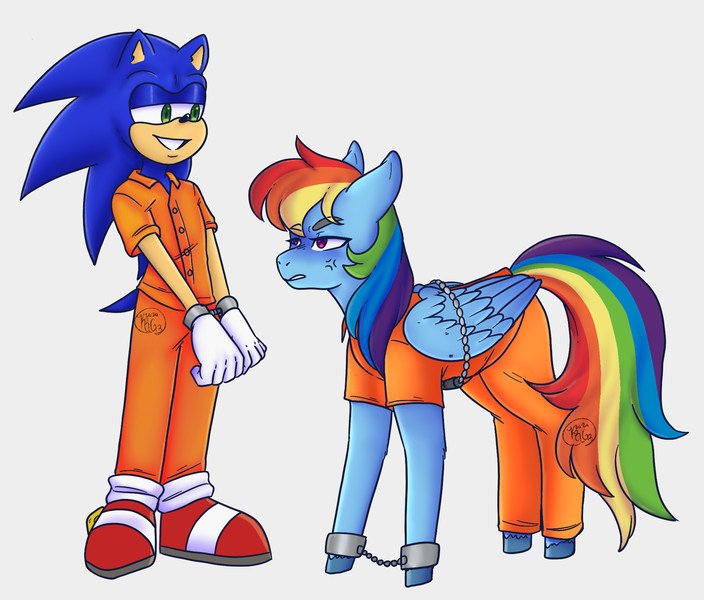 Size: 1915x1632 | Tagged: safe, artist:lilartsyprime, derpibooru import, rainbow dash, pegasus, pony, annoyed, clothes, cuffs, duo, female, image, male, mare, png, prison outfit, prisoner, prisoner rd, sonic the hedgehog, sonic the hedgehog (series)