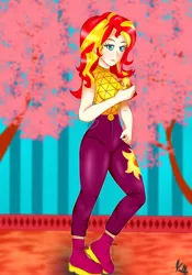 Size: 700x1000 | Tagged: safe, artist:kulkry, derpibooru import, sunset shimmer, human, clothes, humanized, image, jpeg, pants, shirt, solo