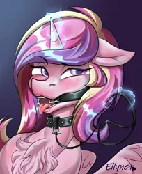 Size: 2200x2700 | Tagged: suggestive, artist:ellynet, derpibooru import, princess cadance, alicorn, pony, blushing, bondage, chest fluff, collar, drool, female, femsub, floppy ears, gag, glowing horn, holiday, horn, image, leash, magic, open mouth, pet play, png, ring gag, subdance, submissive, telekinesis, tongue out, valentine's day