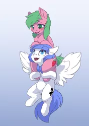 Size: 2480x3508 | Tagged: safe, artist:arctic-fox, derpibooru import, oc, oc:pine berry, oc:snow pup, unofficial characters only, earth pony, pegasus, pony, blushing, female, floppy ears, flying, gradient background, holding, image, jpeg, looking at each other, looking down, looking up, mare, open mouth, pegasus oc, piggyback ride, simple background, smiling, spread wings, wings