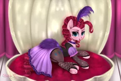 Size: 4500x3000 | Tagged: safe, artist:darksly, derpibooru import, pinkie pie, earth pony, pony, over a barrel, alternate hairstyle, clam, clothes, collar, dress, female, headdress, image, jpeg, looking at you, mare, saloon dress, saloon pinkie, socks, solo, stockings, thigh highs, underhoof