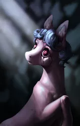 Size: 930x1460 | Tagged: semi-grimdark, artist:28gooddays, derpibooru import, oc, unofficial characters only, earth pony, pony, twinkle eyed pony, blind, body horror, body modification, crying, deconstruction, digital painting, ear fluff, image, looking back, not cozy glow, png, solo