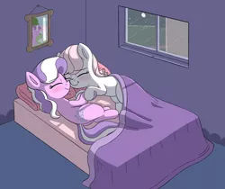 Size: 1184x995 | Tagged: safe, artist:heretichesh, derpibooru import, diamond tiara, oc, oc:lyrabop, earth pony, pony, bed, blushing, bust, canon x oc, cuddling, cute, female, filly, hoof hold, image, moon, night, on bed, pillow, png, portrait, scrunchy face, sheet, shipping, smiling, tree, window