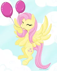 Size: 960x1200 | Tagged: safe, artist:autumngem, derpibooru import, fluttershy, pegasus, pony, balloon, birthday, cloud, cute, eyes closed, female, flying, happy birthday, image, mare, png, shyabetes, solo