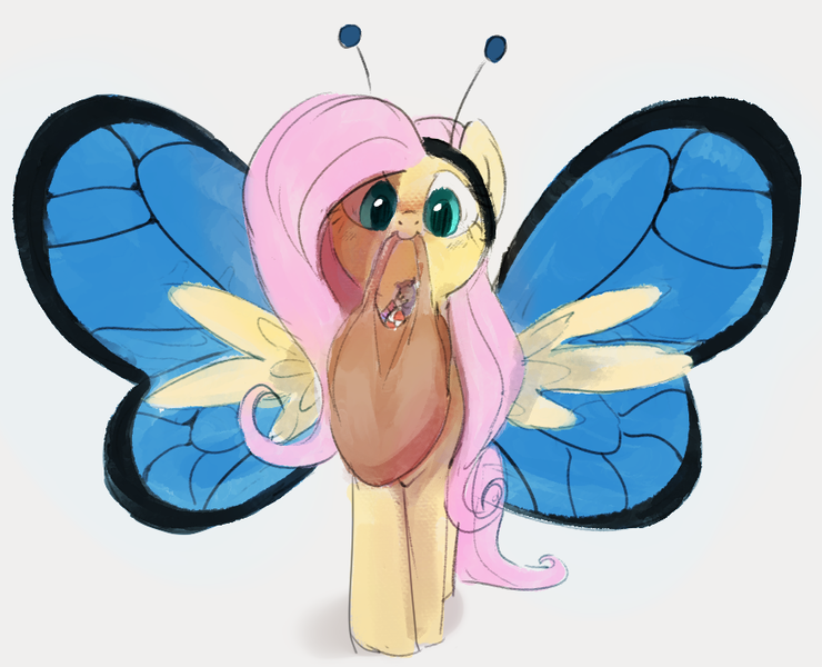 Size: 877x711 | Tagged: safe, artist:dotkwa, derpibooru import, fluttershy, butterfly, insect, pegasus, pony, antennae, bag, butterfly wings, candy, candy bag, clothes, costume, cute, female, food, halloween, halloween costume, holiday, image, looking at you, mare, mouth hold, png, shyabetes, solo, wings