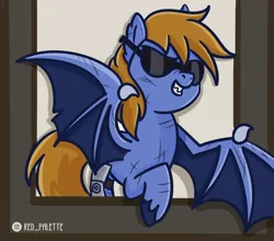 Size: 1280x1127 | Tagged: safe, artist:redpalette, derpibooru import, oc, bat pony, pony, bat pony oc, bat wings, cute, disabled, fangs, image, jpeg, male, smiling, spread wings, sunglasses, wings