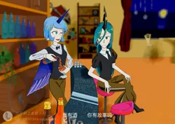 Size: 2829x2000 | Tagged: safe, artist:白乌鸦之翼, derpibooru import, princess luna, queen chrysalis, human, comic:the grogar's, humanized, image, jpeg, night, sky