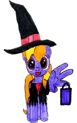 Size: 1968x3154 | Tagged: safe, artist:topsangtheman, derpibooru import, cloud kicker, pegasus, pony, clothes, costume, halloween, holiday, image, looking at you, png, simple background, solo, staring into your soul, traditional art, transparent background, trick or treat, witch