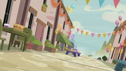 Size: 1920x1080 | Tagged: safe, derpibooru import, season 6, to where and back again, background, balloon, cake, dutch angle, food, image, jpeg, no pony, our town, top draw animation