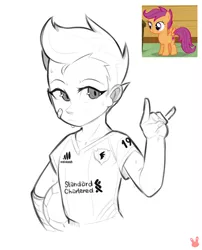 Size: 890x1104 | Tagged: safe, artist:sugarelement, derpibooru import, scootaloo, human, pegasus, pony, adidas, bandage, clothes, cutie mark, cutie mark on clothes, devil horn (gesture), football, football jersey, humanized, image, jersey, png, screencap reference, short hair, sketch, soccer ball (object), solo, sports, sports outfit, standard chartered, sweat