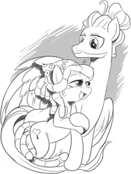 Size: 1094x1455 | Tagged: safe, artist:nauyaco, derpibooru import, tree hugger, zephyr breeze, earth pony, pegasus, pony, black and white, female, grayscale, image, lineart, male, monochrome, png, shipping, simple background, straight, white background, zephyrhugger