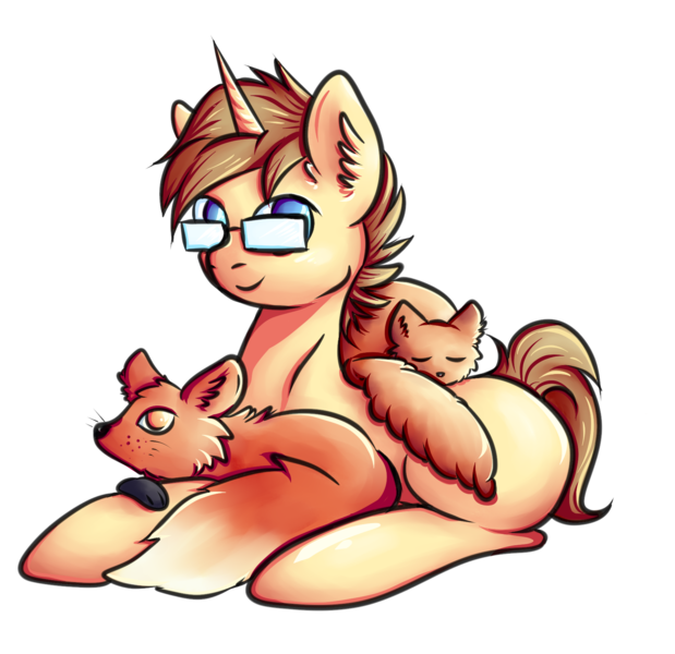 Size: 1688x1635 | Tagged: safe, artist:coco-drillo, derpibooru import, oc, unofficial characters only, cat, fox, pony, unicorn, ear fluff, glasses, horn, image, looking at you, lying down, male, no pupils, png, simple background, smiling, solo, stallion, transparent background, unicorn oc