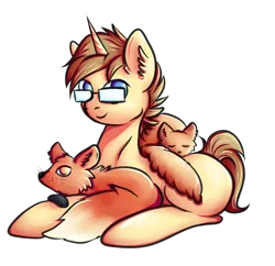 Size: 1688x1635 | Tagged: safe, artist:coco-drillo, derpibooru import, oc, unofficial characters only, cat, fox, pony, unicorn, ear fluff, glasses, horn, image, looking at you, lying down, male, no pupils, png, simple background, smiling, solo, stallion, transparent background, unicorn oc