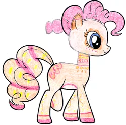 Size: 500x494 | Tagged: artist needed, safe, derpibooru import, edit, pinkie pie, earth pony, pony, alternate hairstyle, female, flo, image, mare, missing cutie mark, neck, palette swap, png, recolor, simple background, solo, traditional art, white background