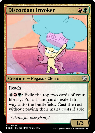 Size: 375x523 | Tagged: safe, derpibooru import, edit, edited screencap, screencap, fluttershy, pegasus, pony, discord's peak, my little pony: pony life, spoiler:pony life s01e10, bipedal, cake, ccg, female, food, image, magic the gathering, mare, png, trading card, trading card edit, volcano