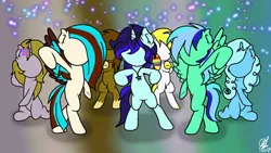 Size: 497x280 | Tagged: safe, artist:aquabright0219, derpibooru import, oc, oc:aqua bright, oc:jade breeze, oc:phoenix feather, unofficial characters only, pegasus, pony, unicorn, abstract background, bipedal, colored hooves, dancing, female, horn, image, jewelry, mare, necklace, pegasus oc, png, unicorn oc, wings