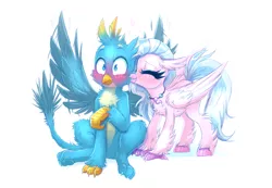 Size: 4344x3000 | Tagged: safe, artist:confetticakez, derpibooru import, gallus, silverstream, gryphon, hippogriff, blushing, chest fluff, cute, diastreamies, eyes closed, female, gallabetes, gallstream, image, interspecies, kiss on the cheek, kissing, male, png, shipping, simple background, spread wings, straight, surprise kiss, tail boner, white background, wingboner, wings