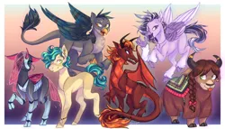 Size: 3500x2000 | Tagged: safe, artist:squishkitti, derpibooru import, gallus, ocellus, sandbar, silverstream, smolder, yona, changedling, changeling, dragon, earth pony, gryphon, hippogriff, pony, yak, dragoness, female, group shot, horn, image, male, png, redesign, signature, smiling, speedpaint available, stallion, student six, wings