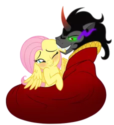 Size: 1095x1200 | Tagged: safe, artist:jennieoo, artist:mickeymonster, derpibooru import, fluttershy, king sombra, pegasus, pony, unicorn, biting, blushing, ear bite, female, image, male, png, shipping, show accurate, simple background, smiling, sombrashy, straight, transparent background, vector