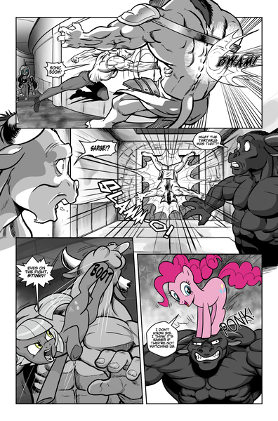 Size: 1268x1920 | Tagged: suggestive, artist:pencils, derpibooru import, limestone pie, pinkie pie, princess luna, oc, oc:anon, earth pony, human, minotaur, pony, comic:anon's pie adventure, ass, butt, comic, crossover, female, fight, guile, image, male, mare, partial color, png, ponk, reference, street fighter